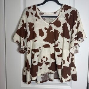 Simply Southern Cow Print Waffle Knit Babydoll Top Brown White V-Neck Medium